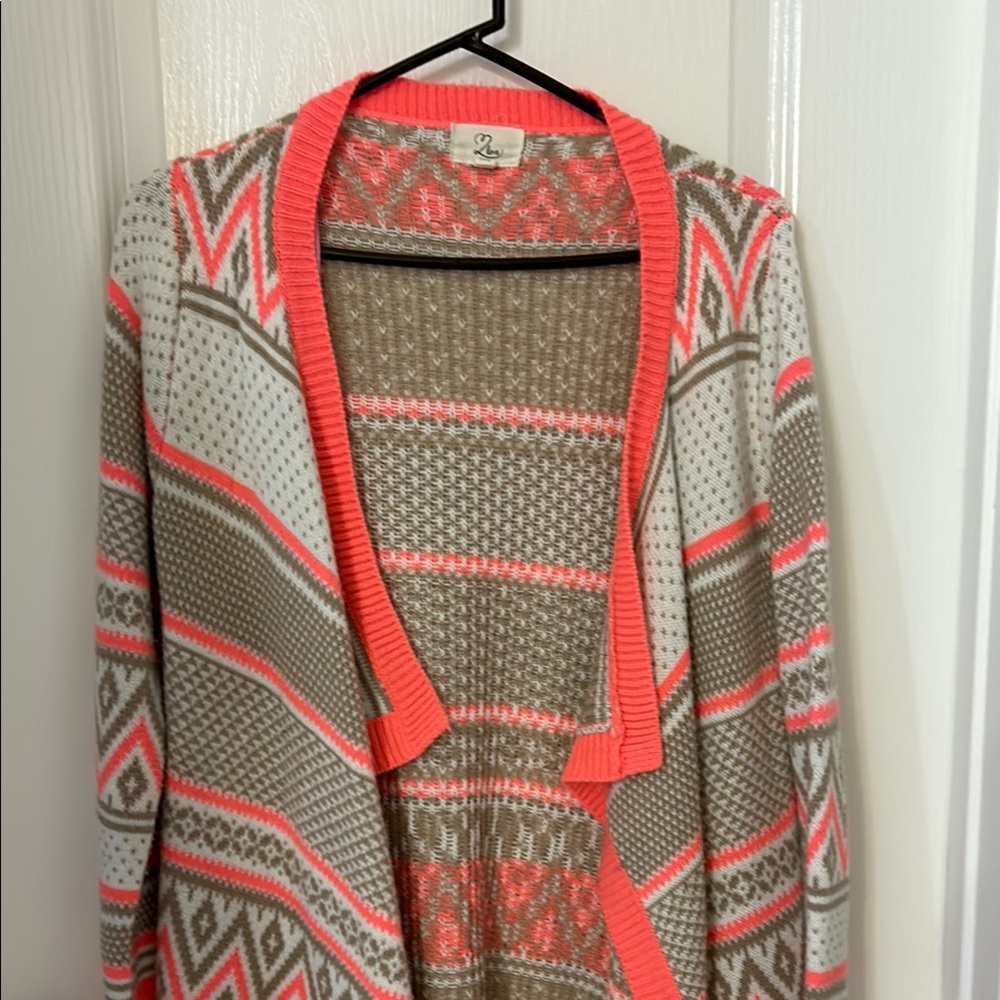 Qi Pink and Brown Cardigan Sweater with Geometric Design